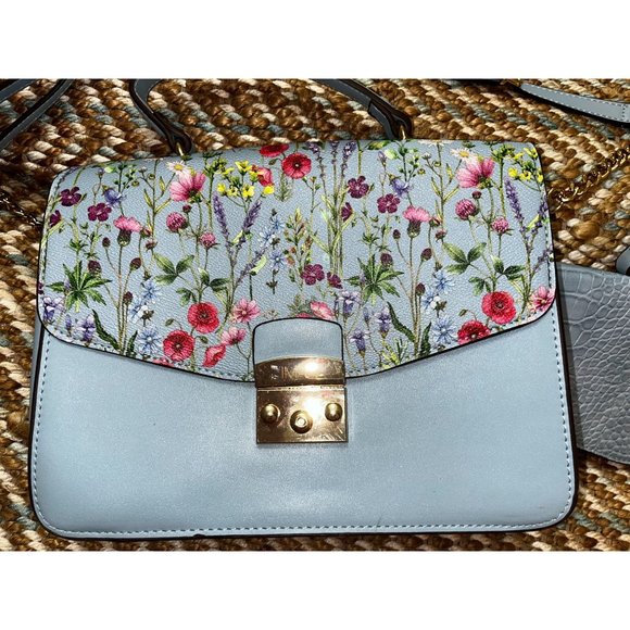 Iman Global Chic Satchel /Crossbody Light Blue Flower Garden Convertible Flap NW - Picture 1 of 8